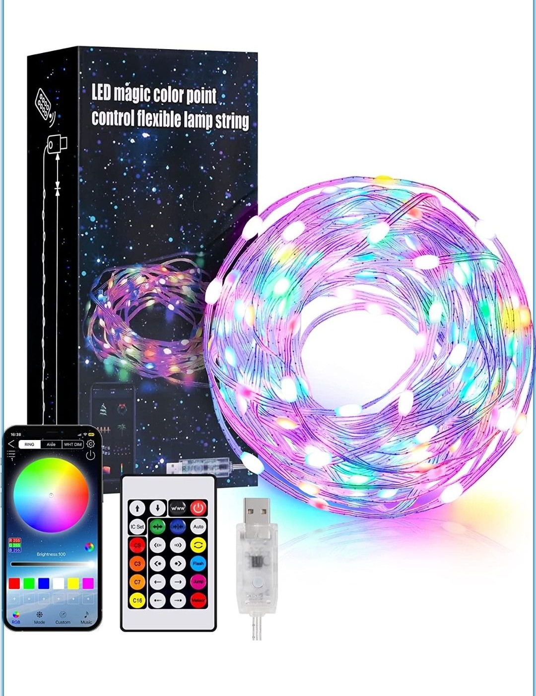 Spectrum multicoloured USB powered LED string lights 10m